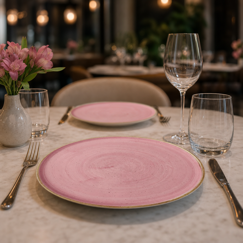 Hand Painted Walled Plates Pink Vitrified Ceramic for Dining Tables (Pack of 6)