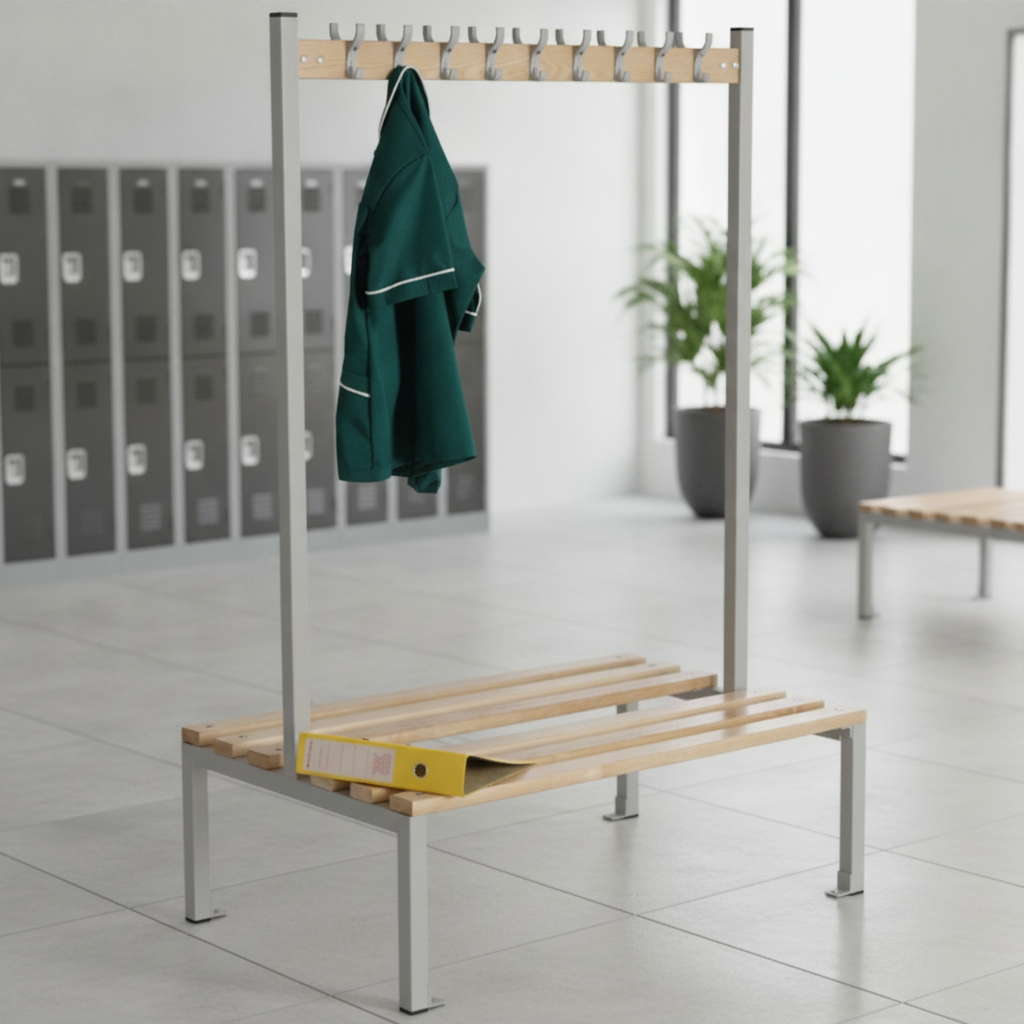 Steel & Ash Wood Double Sided Coat Hanger Bench 1200mm for Leisure Facilities