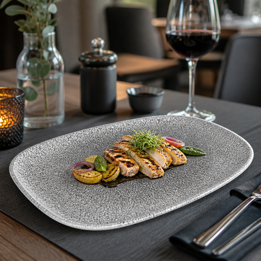 Oblong Plates Grey Vitrified Porcelain for Modern Dining (Pack of 12)