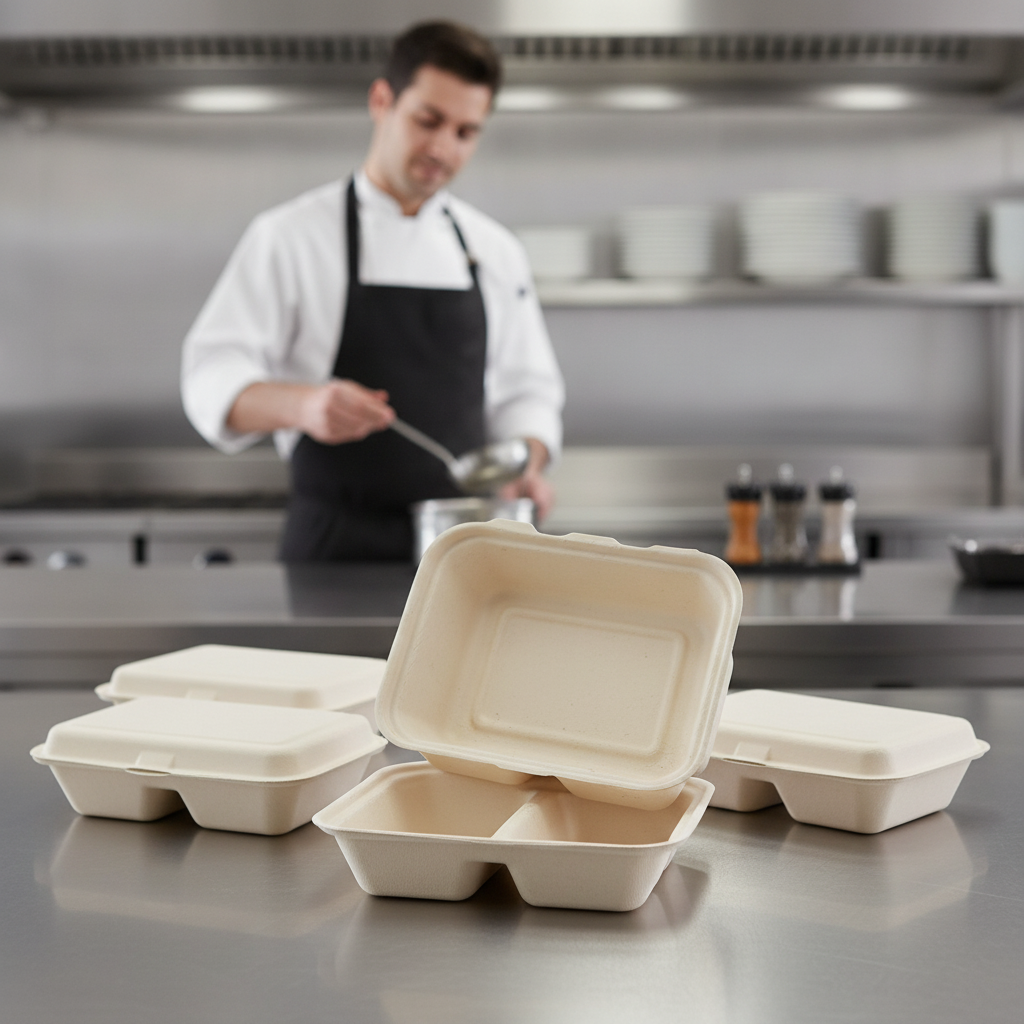 Bagasse Two-Compartment Hinged Food Containers for Takeaway (Pack of 200)
