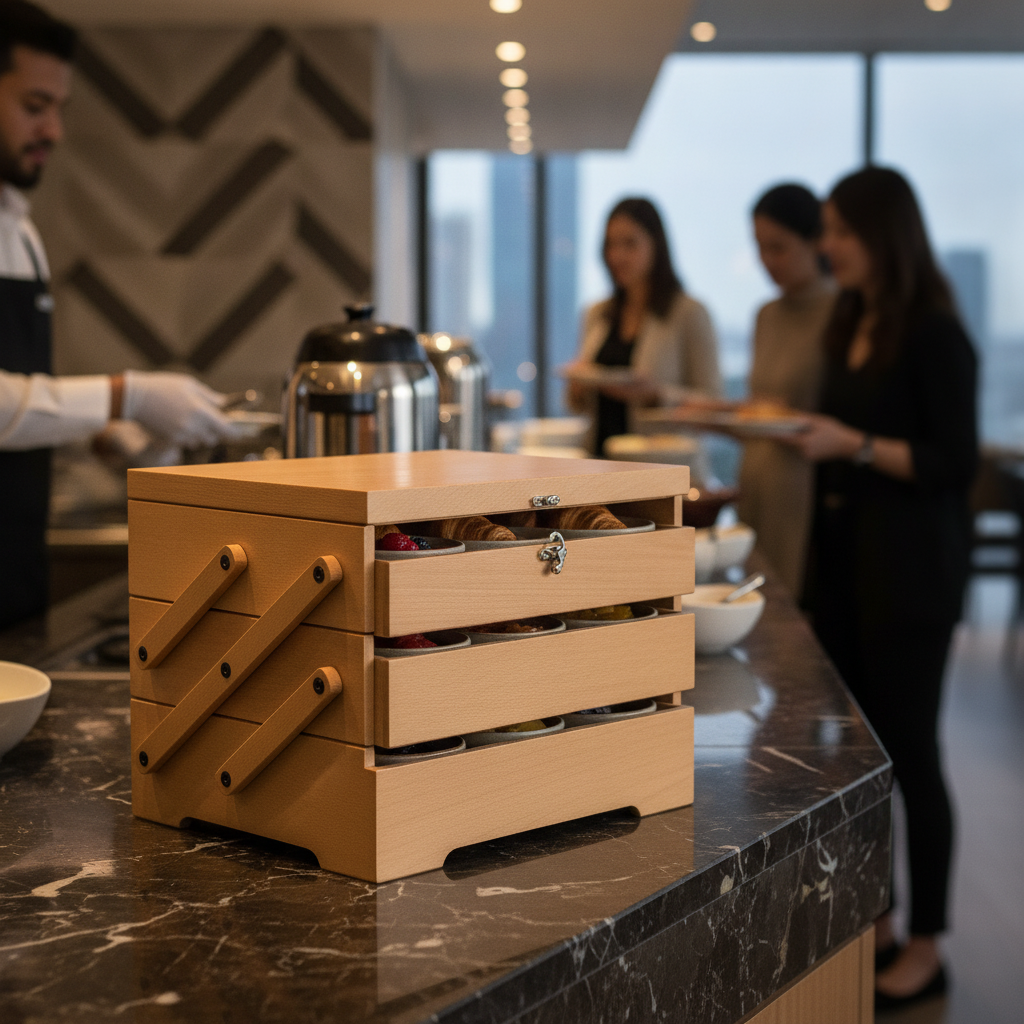 Oiled Oak Three-Tier Buffet Box 535mm for Breakfast Displays
