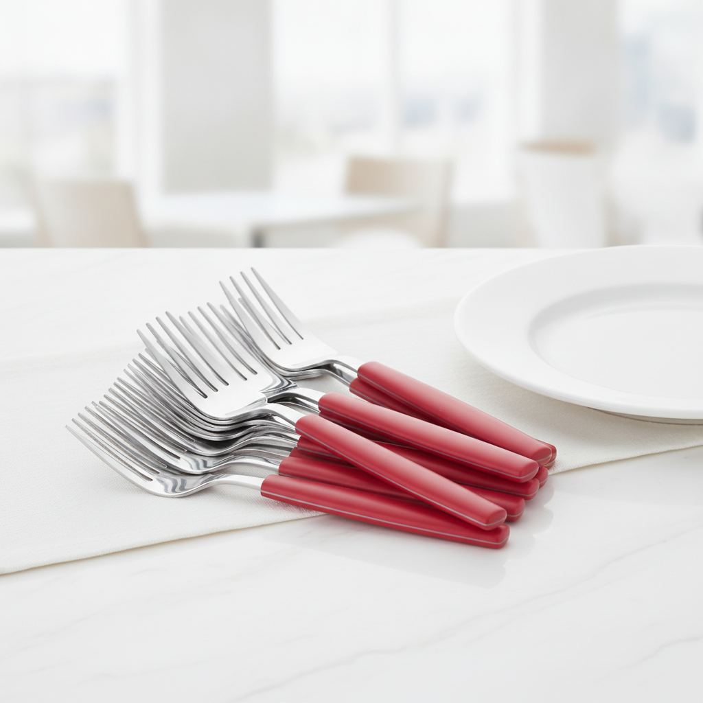 18/0 Stainless Steel Table Forks with Red Handles for Canteens (Pack of 12)
