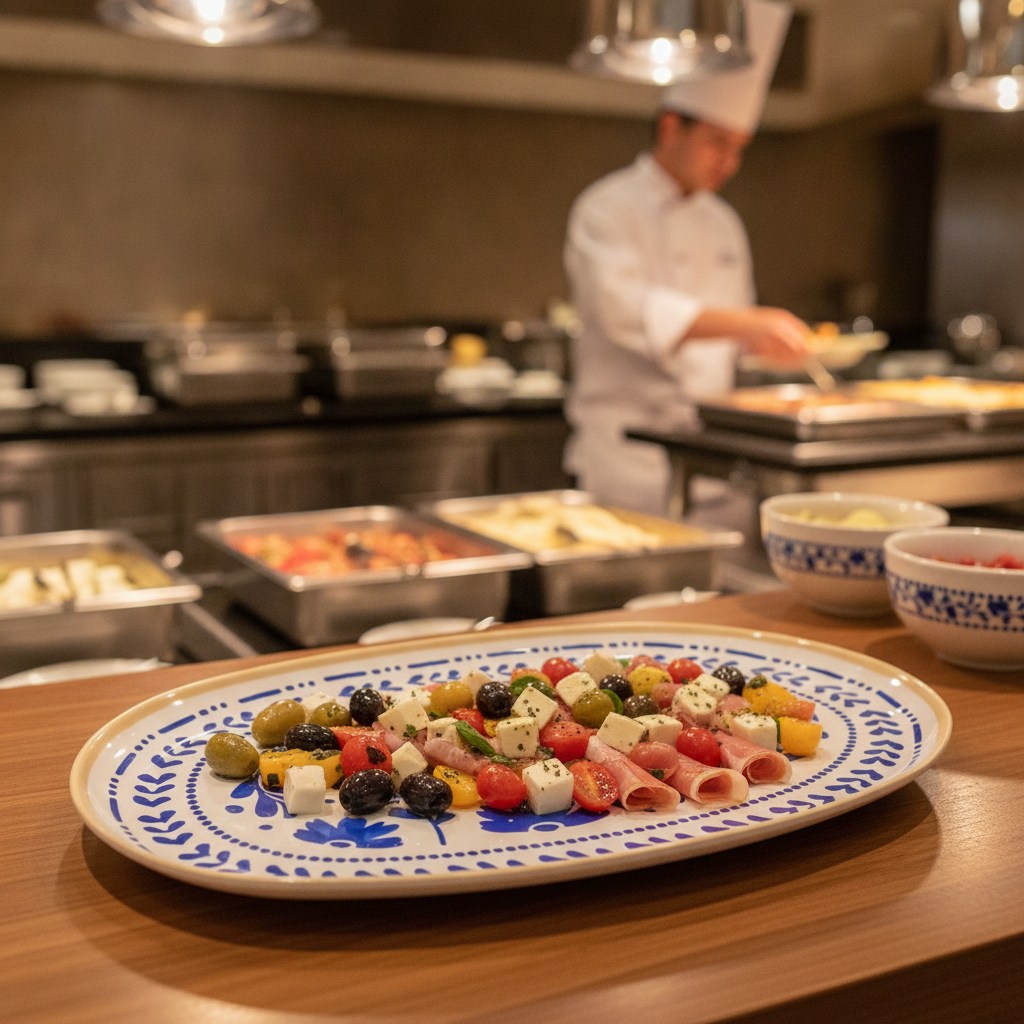 Melamine GN 1/1 Tray with Blue & White Pattern for Buffets