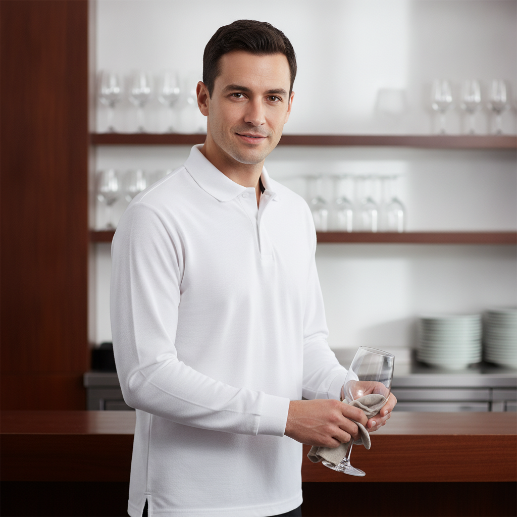 Cotton Blend White Long Sleeve Polo for Staff Uniforms