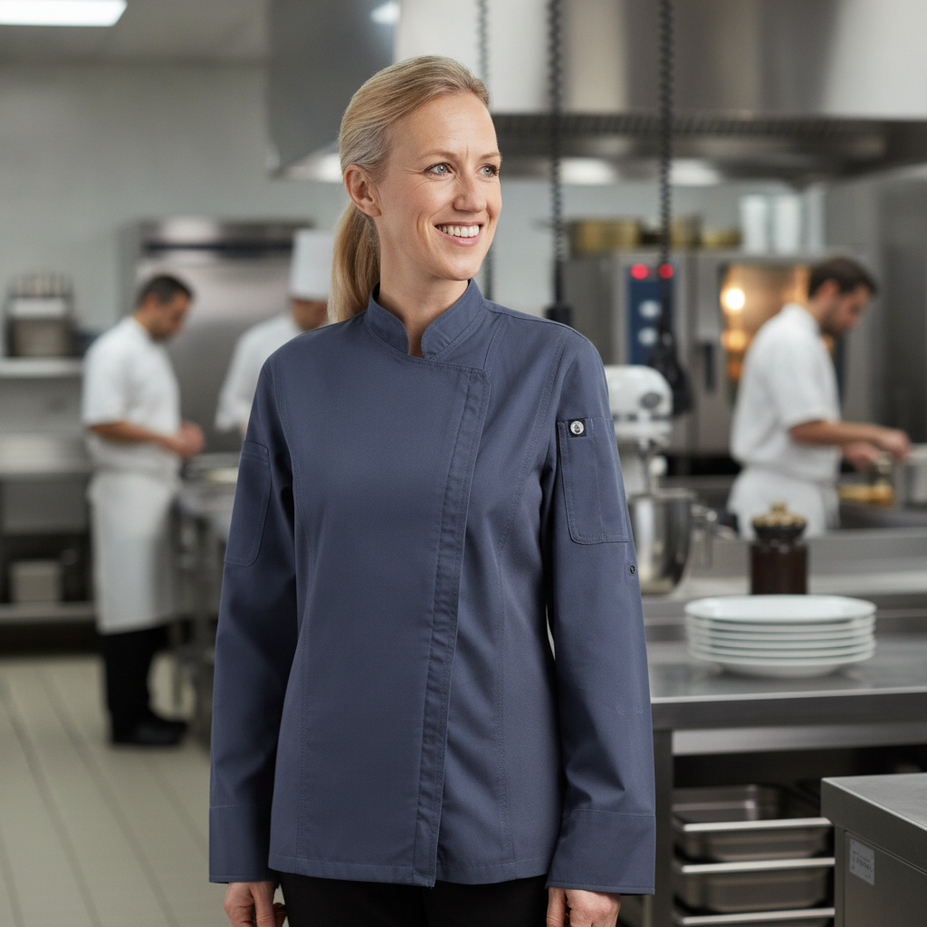 Lightweight Polycotton Women's Chef Jacket Blue for Busy Kitchens