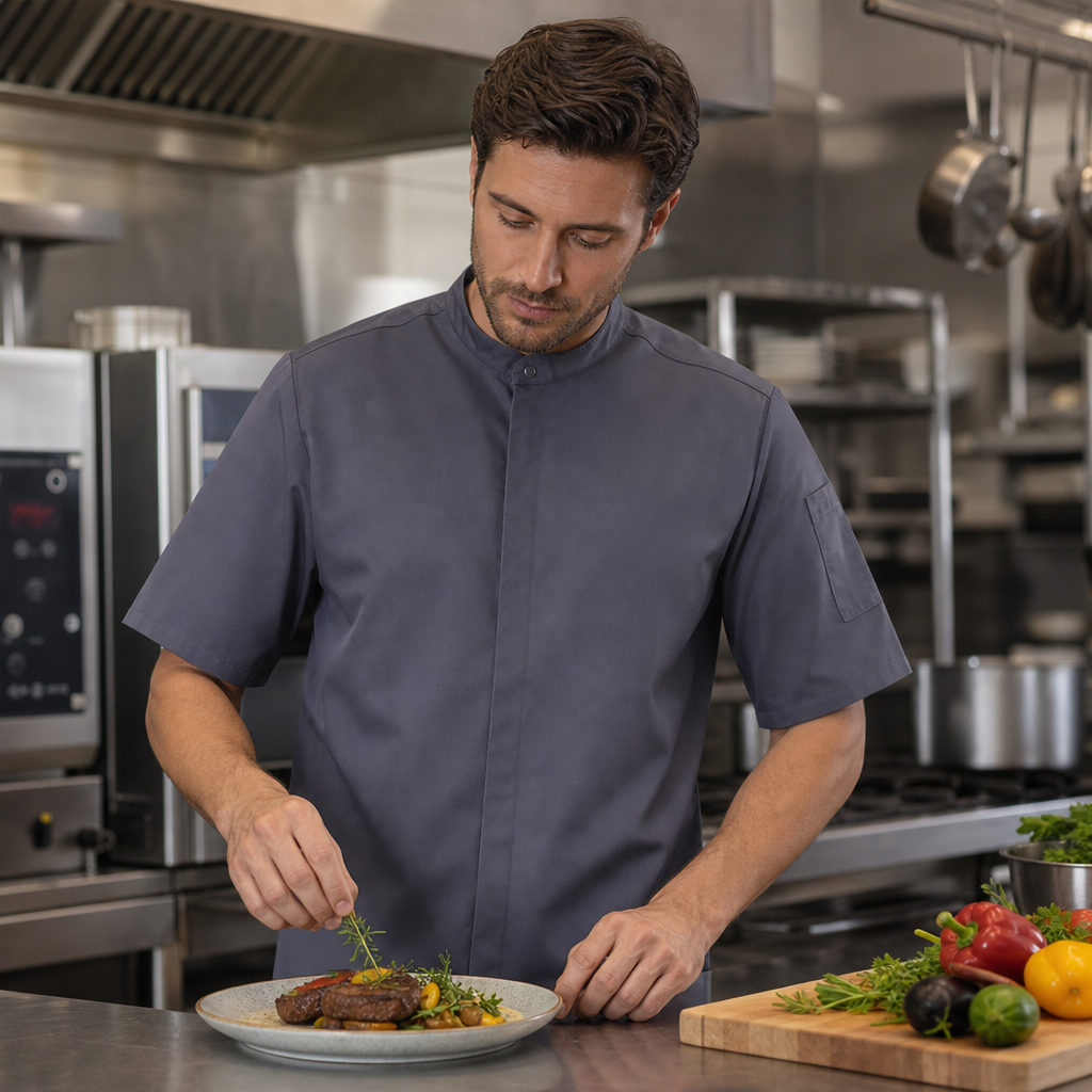 Lightweight Charcoal Band Collar Chef Jacket for Professional Kitchens