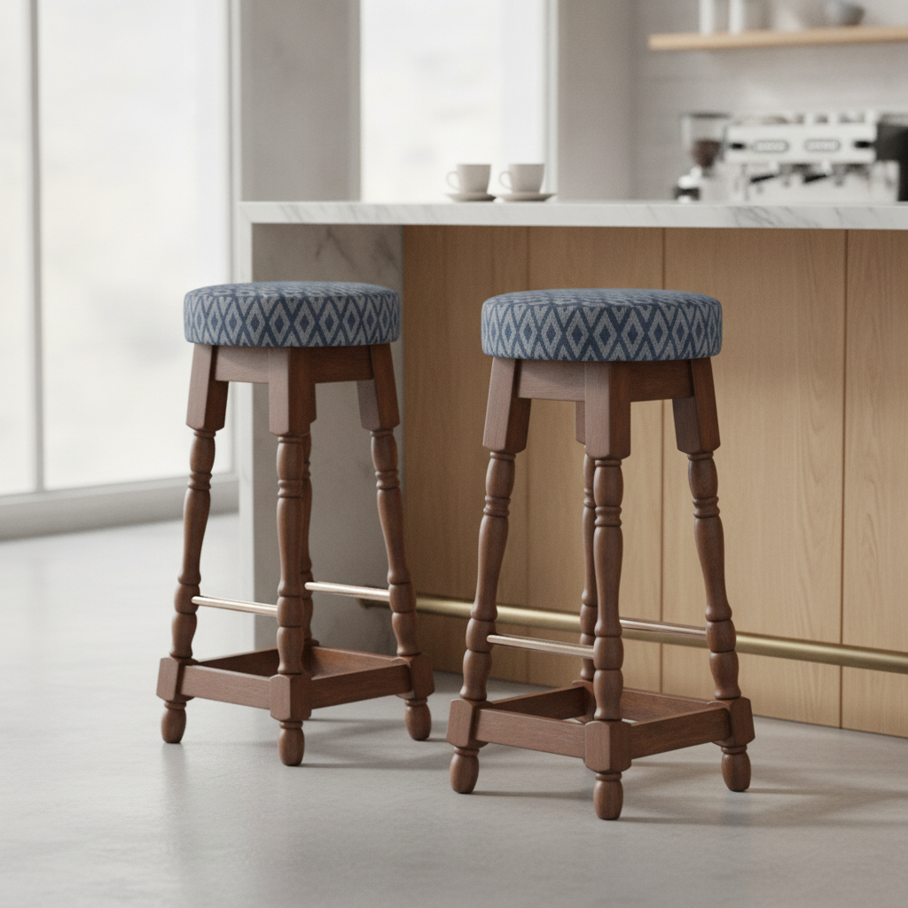Rubber Wood High Bar Stools with Blue Diamond Seat 770mm for Pubs & Cafés (Pack of 2)