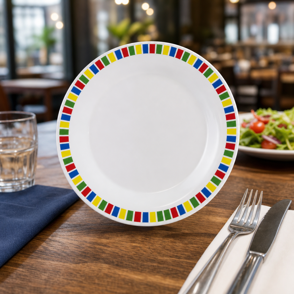 Side Plates -coloured Rim Multi Melamine for Schools & Care Homes (Pack of 12)