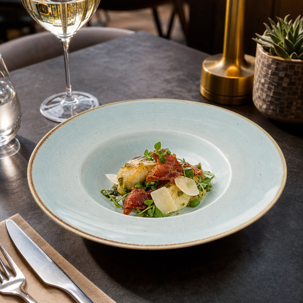 Stonecast Round Wide Rim Bowls in Duck Egg Blue for Casual and Fine Dining