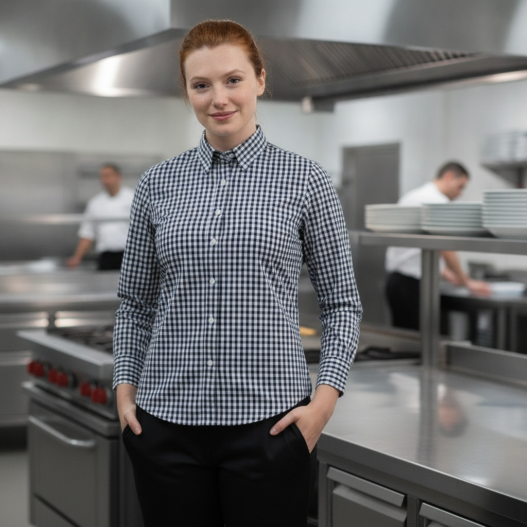 Polycotton Black Gingham Dress Shirt for Staff Uniforms