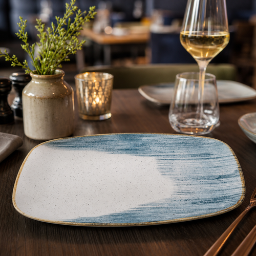 Chefs Oblong Plate Blue White Vitrified Ceramic for Restaurants (Pack of 6)