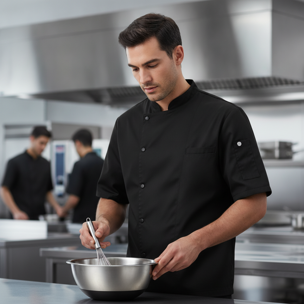 Polycotton Black Chef Jacket with Short Sleeves for Professional Kitchens