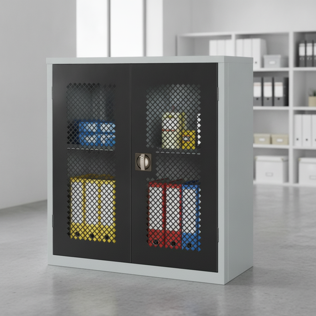 Powder Coated Steel Mesh-Fronted Stock Control Cupboard for Offices & Retail
