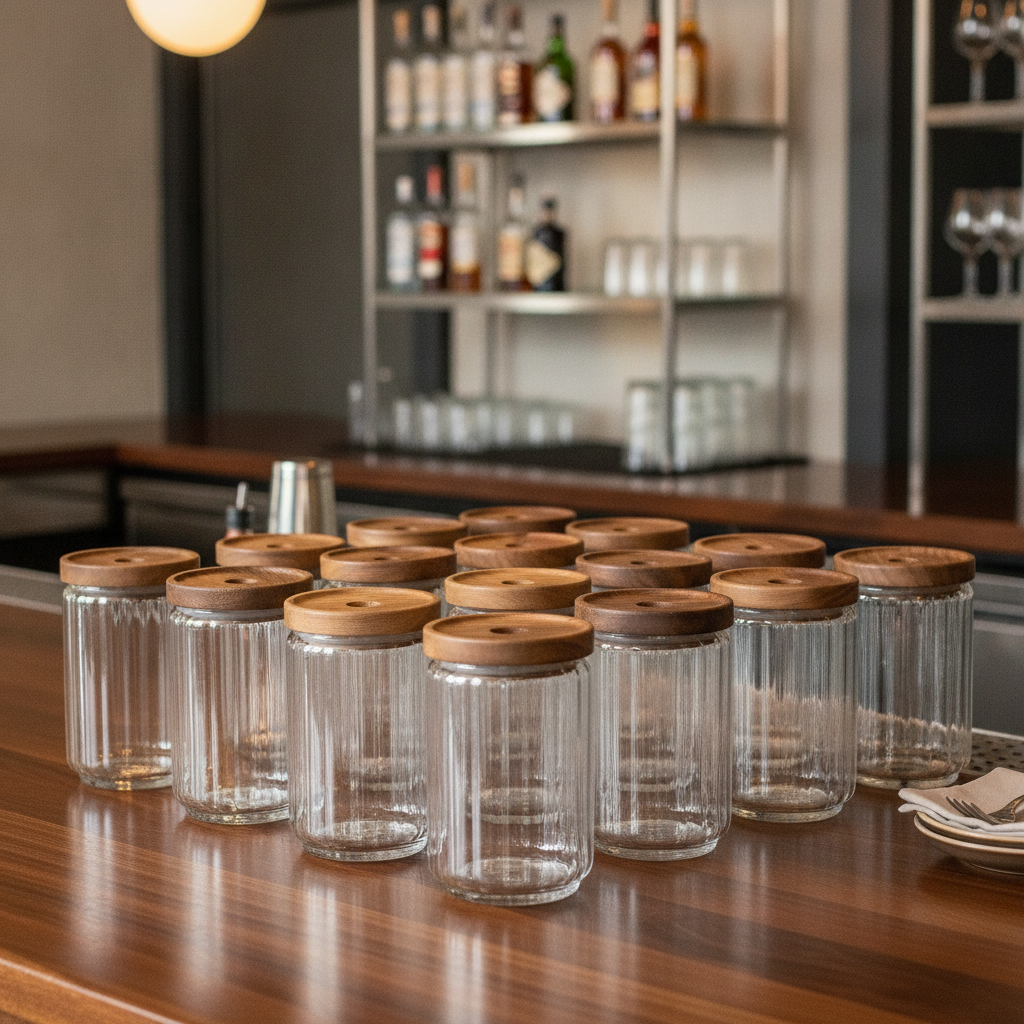 Glass Condiment Jar 650ml with Acacia Wood Lid for Bars & Pubs (Pack of 12)
