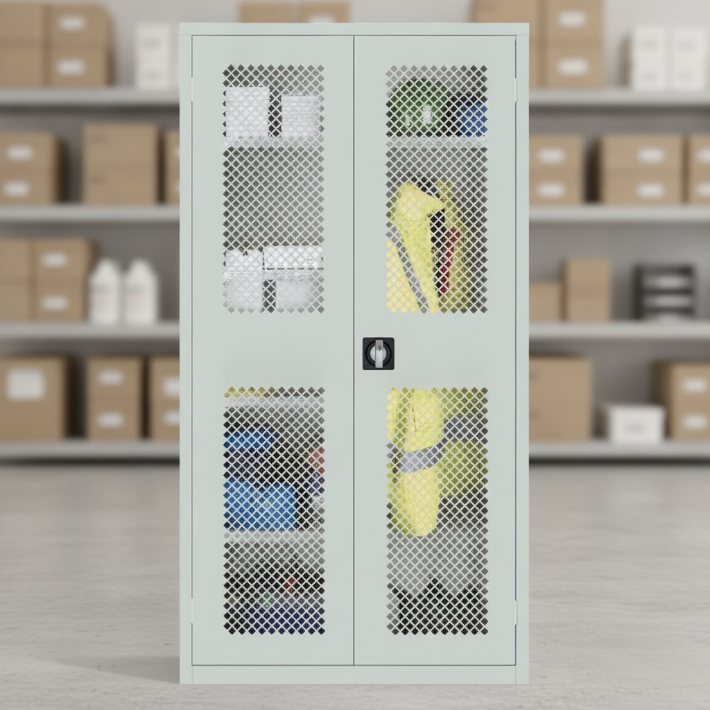 Powder Coated Steel Mesh-Fronted Cupboard for Offices & Stock Rooms