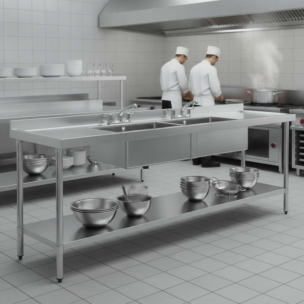 304 Stainless Steel Double Sink Unit 2400mm for Commercial Kitchens