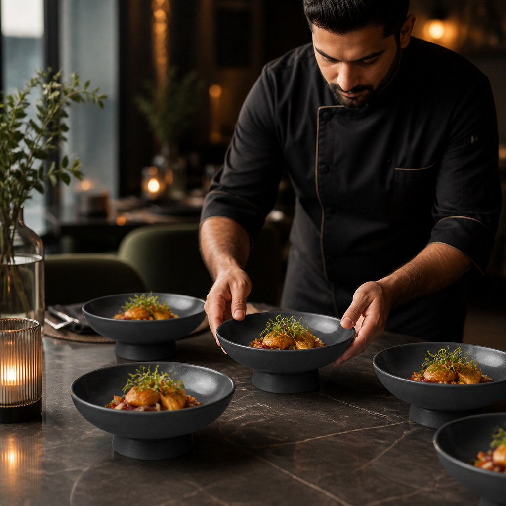 Footed Bowls Grey Vitrified Ceramic for Dining (Pack of 6)