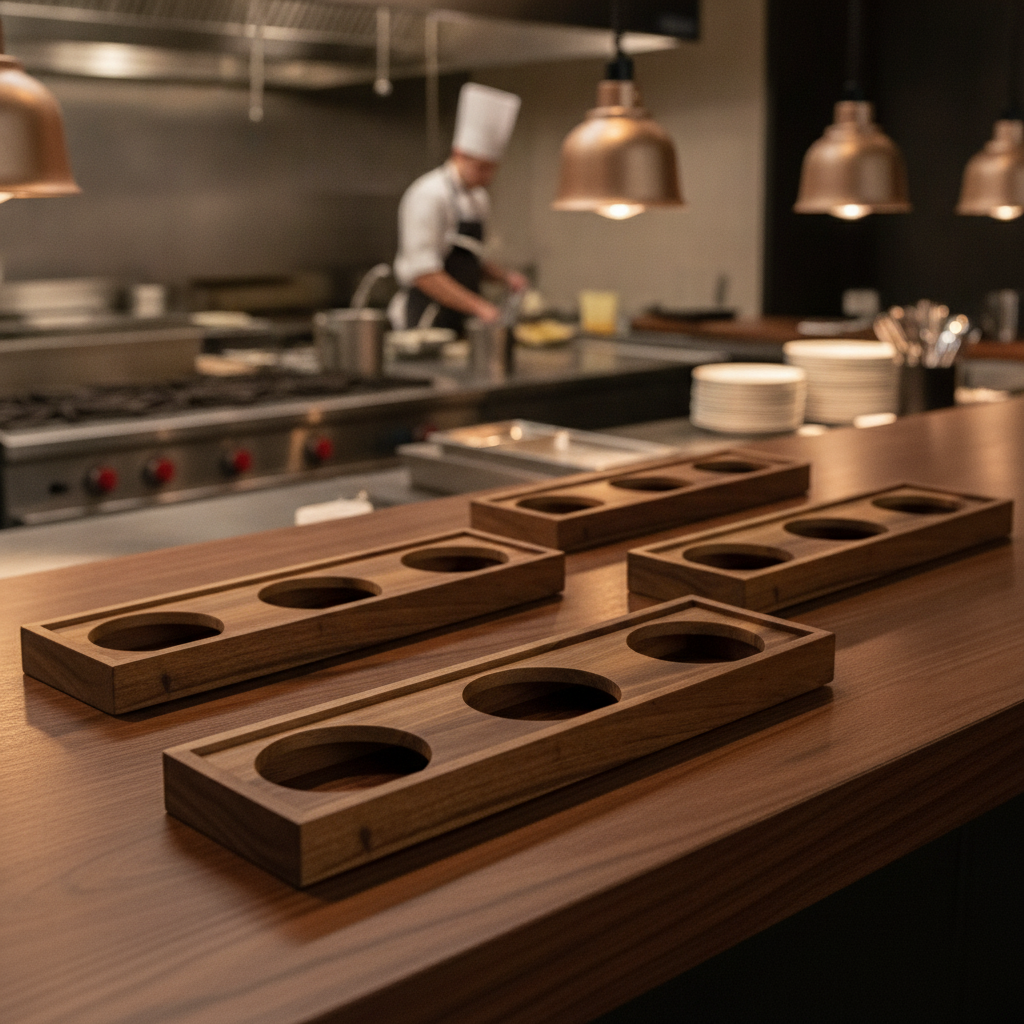 Natural Hardwood 3-Bowl Presentation Platform 445x130mm for Catering (Pack of 4)