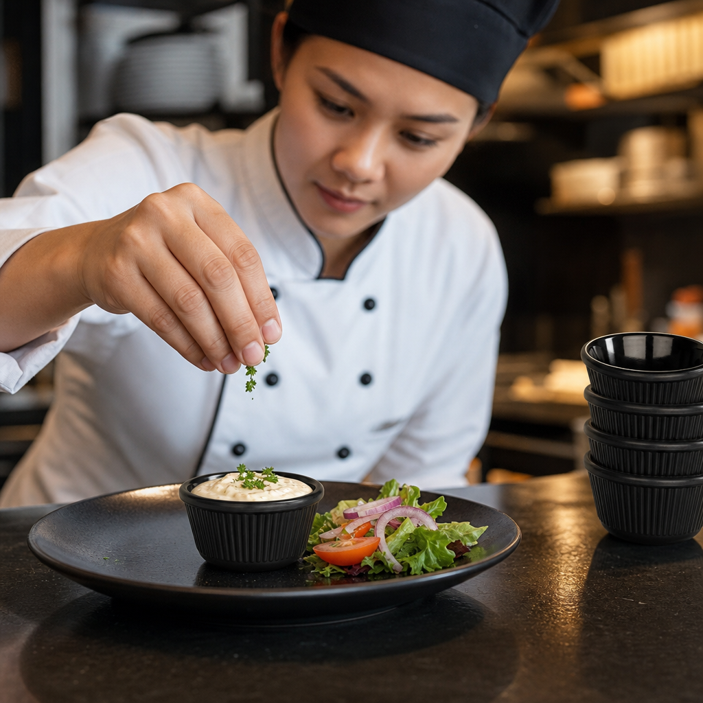 Fluted Ramekins 114ml Black Melamine for Schools & Cafés (Pack of 12)