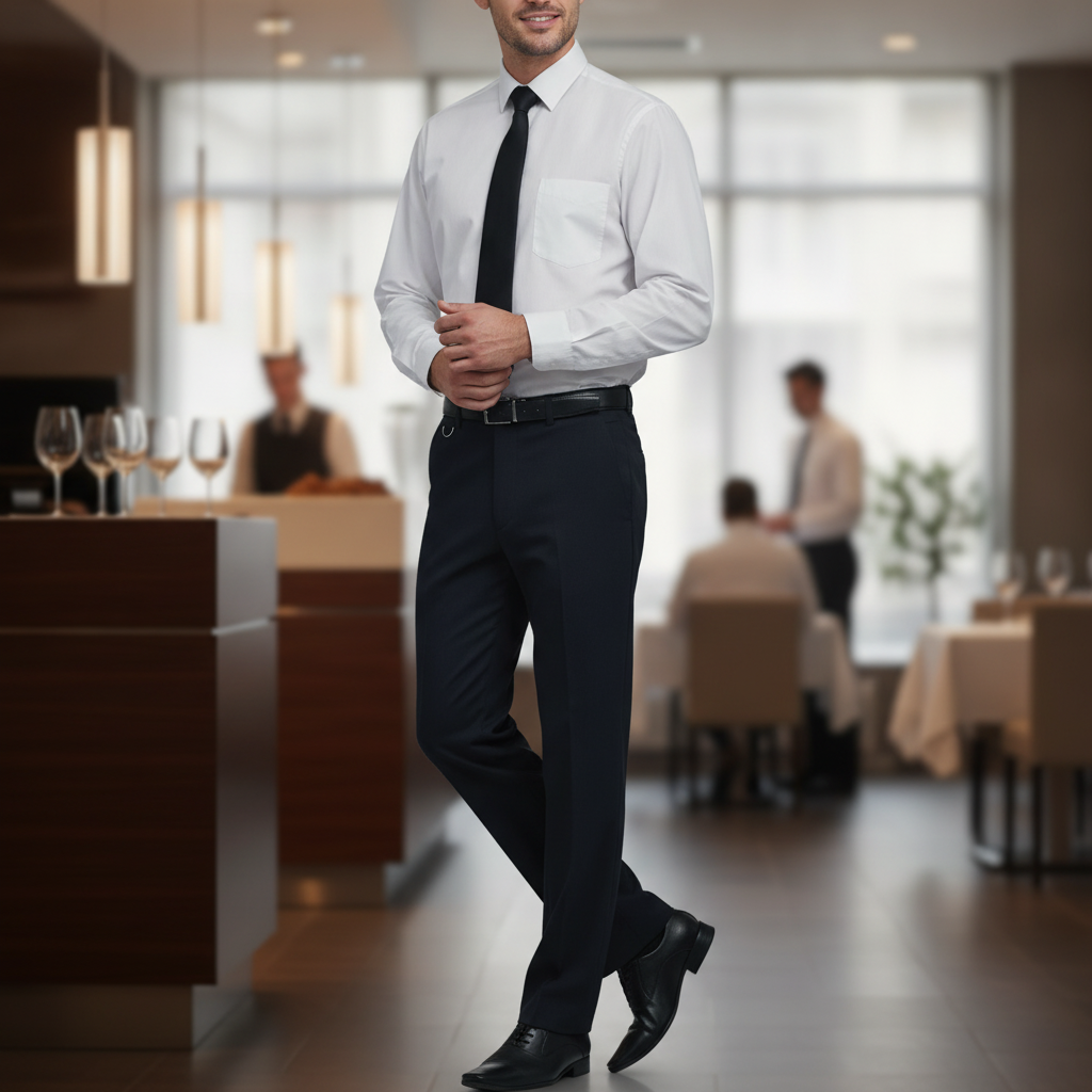 Polyester Black Men's Short Leg Waiting Trousers for Hospitality