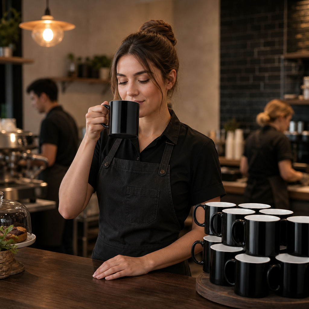 Straight-Sided Mugs Black Ceramic for Coffee Shops (Pack of 12)