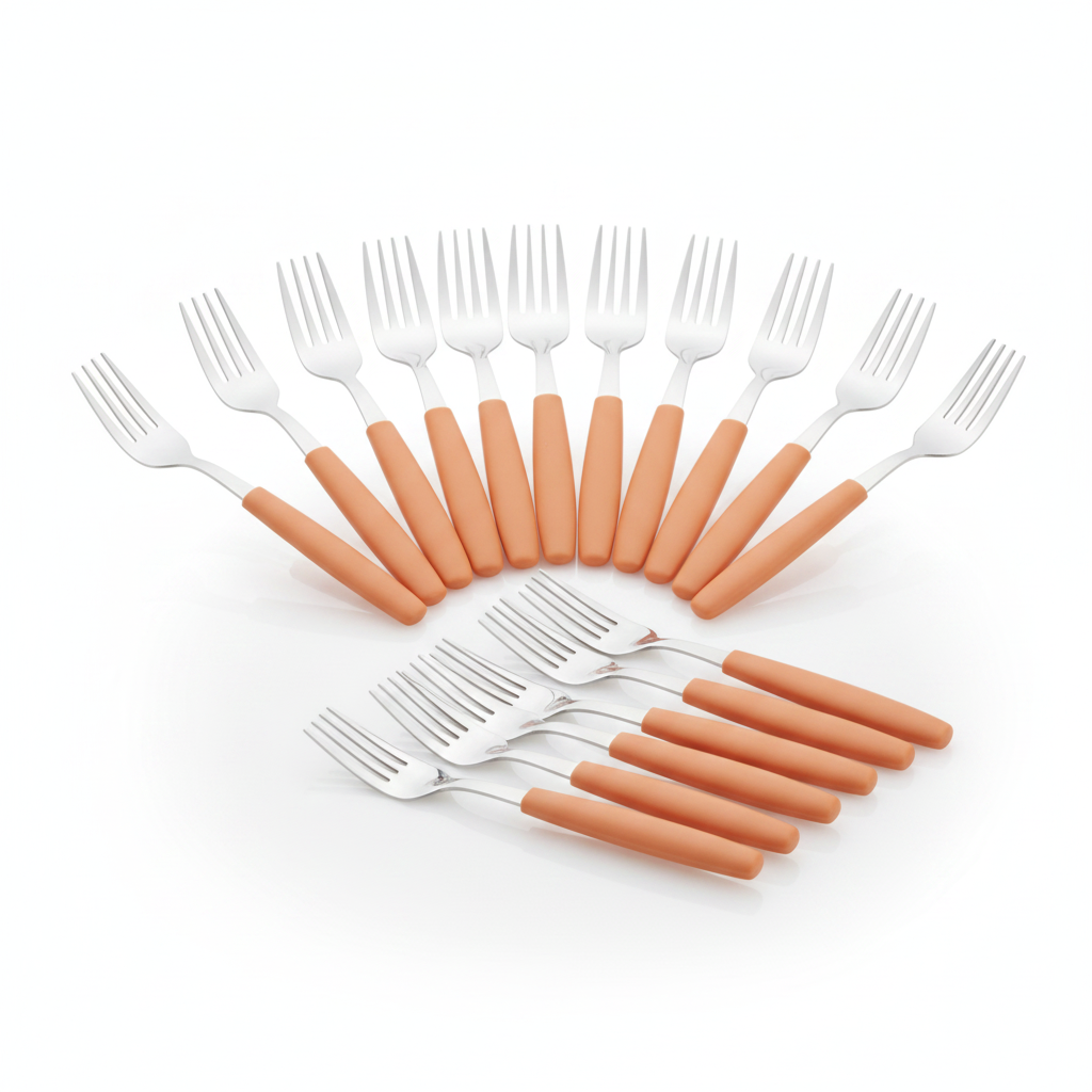 18/0 Stainless Steel Dessert Forks with Orange Handles for Cafeterias (Pack of 12)