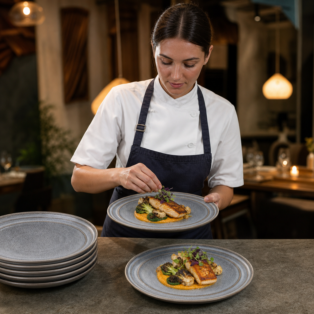 Flat Round Plates 220mm Porcelain for Restaurants & Cafés (Pack of 6)