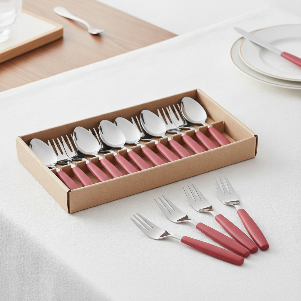 18/0 Stainless Steel Cake Forks with Red Handles for Canteens (Pack of 12)