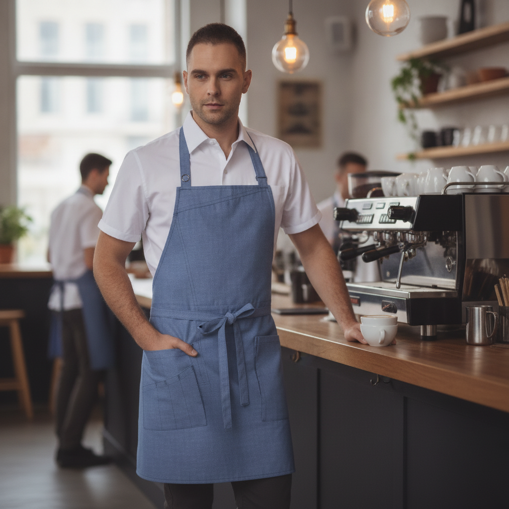 Polycotton French Blue Short Bib Apron for Front of House Service