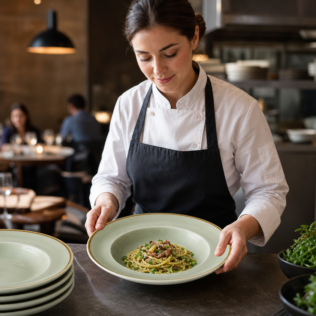 Moss Green Porcelain Pasta Bowls 250mm for Elegant Dining