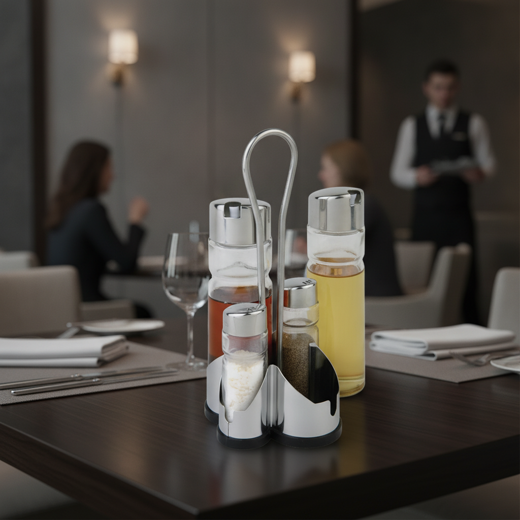 Stainless Steel Cruet Set with Stand 106x110mm for Dining Tables