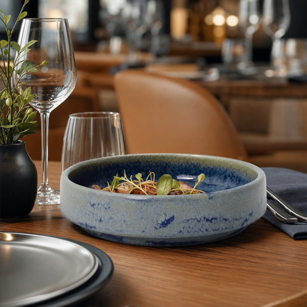 Round Stacking Trays Blue Vitrified Ceramic for Versatile Dining (Pack of 12)