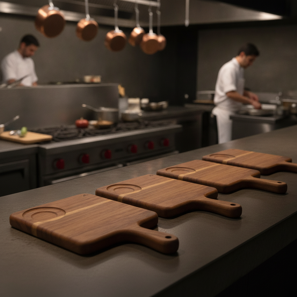 Acacia Wood Square Handled Serving Boards 380x355mm for Catering & Hospitality (Pack of 4)