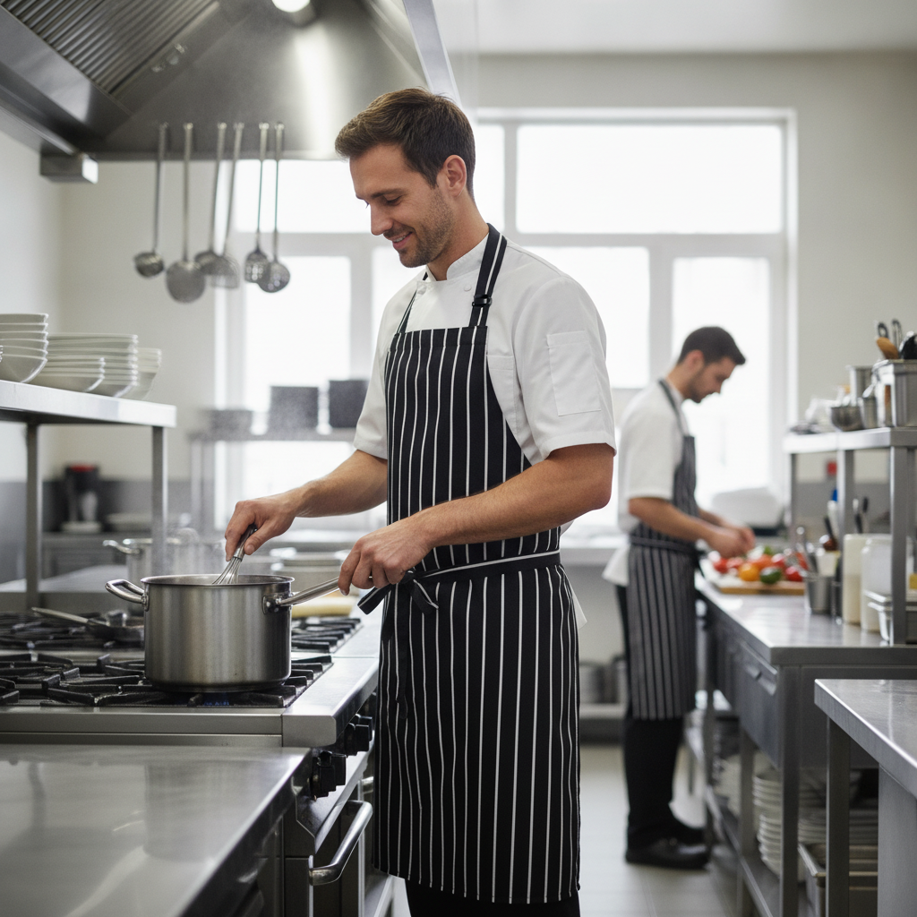Polycotton Butcher's Stripe Bib Apron Black & White for Commercial Use