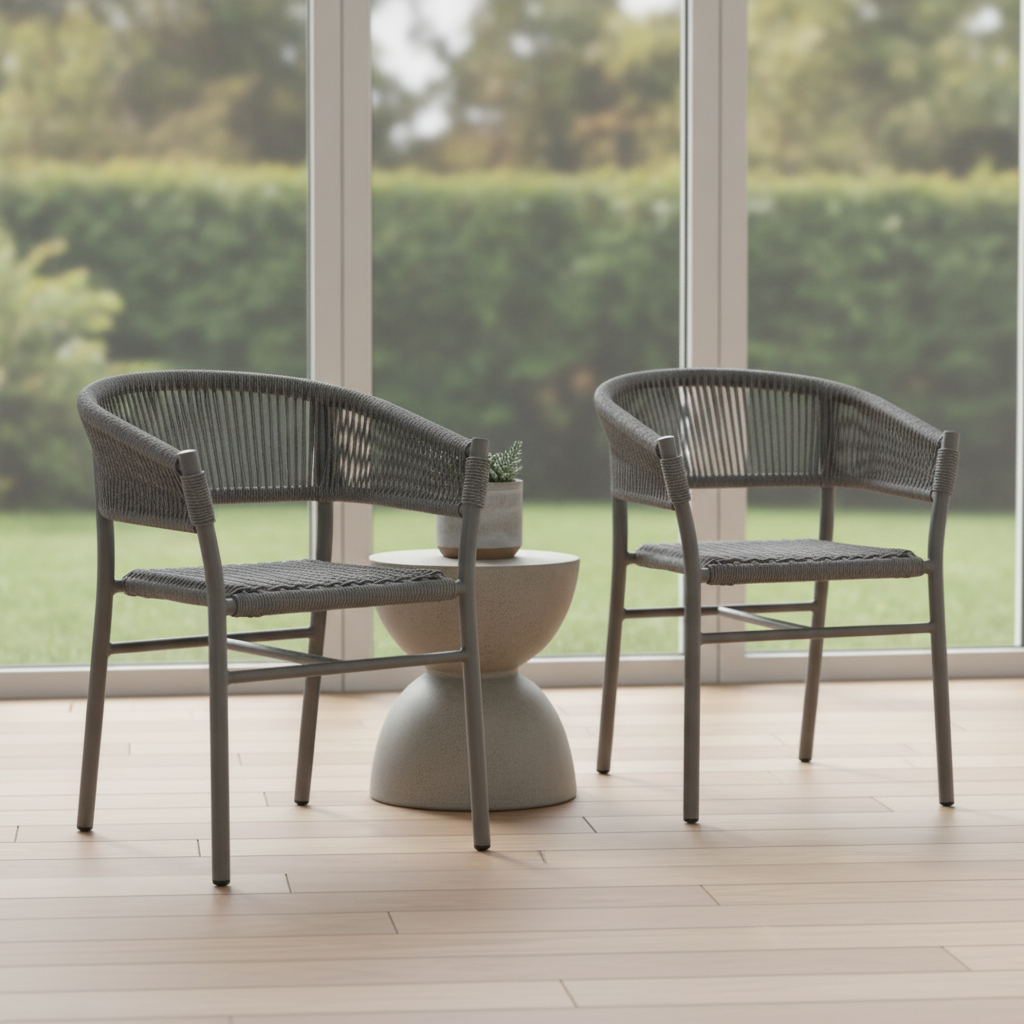 Aluminium Grey Rope Twist Wicker Chairs 750mm for Indoor & Outdoor Use (Pack of 2)