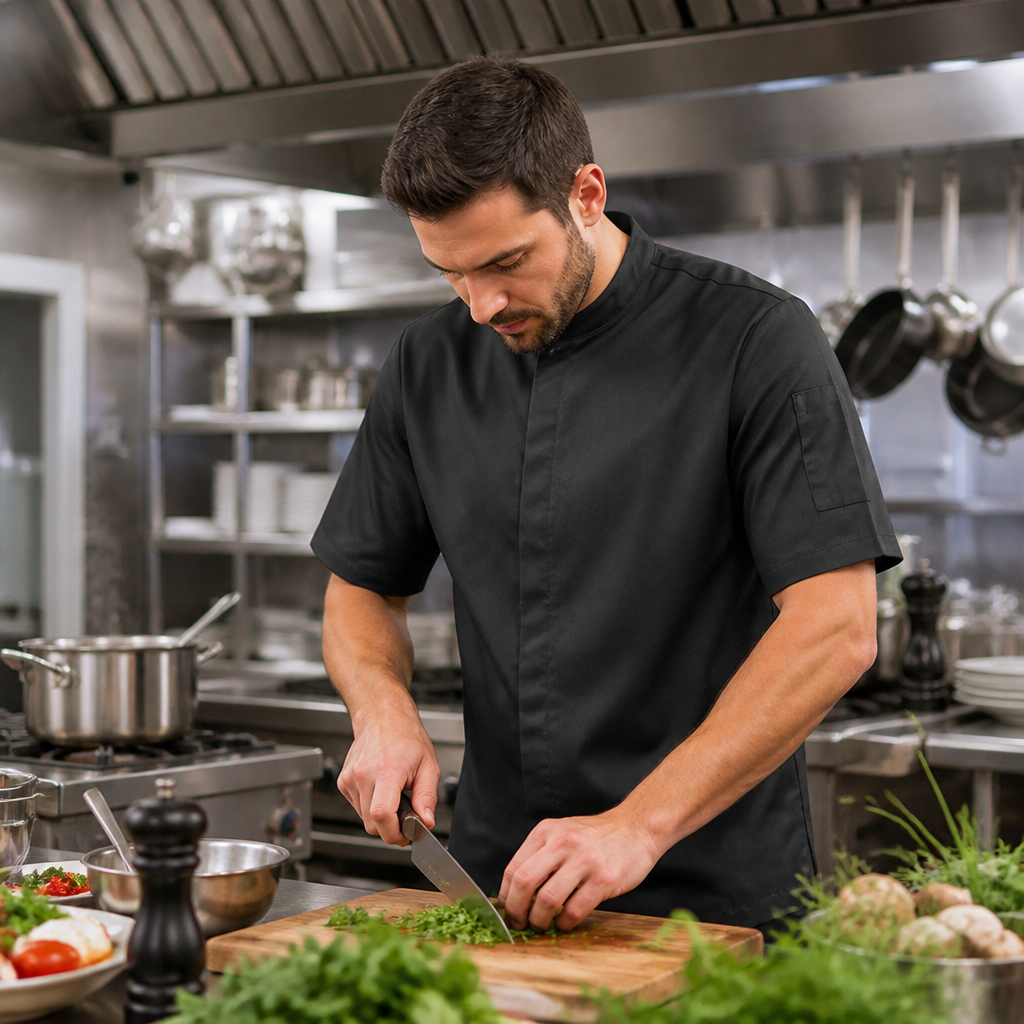 Unisex Black Chef Jacket with Breathable Panels for Professional Kitchens