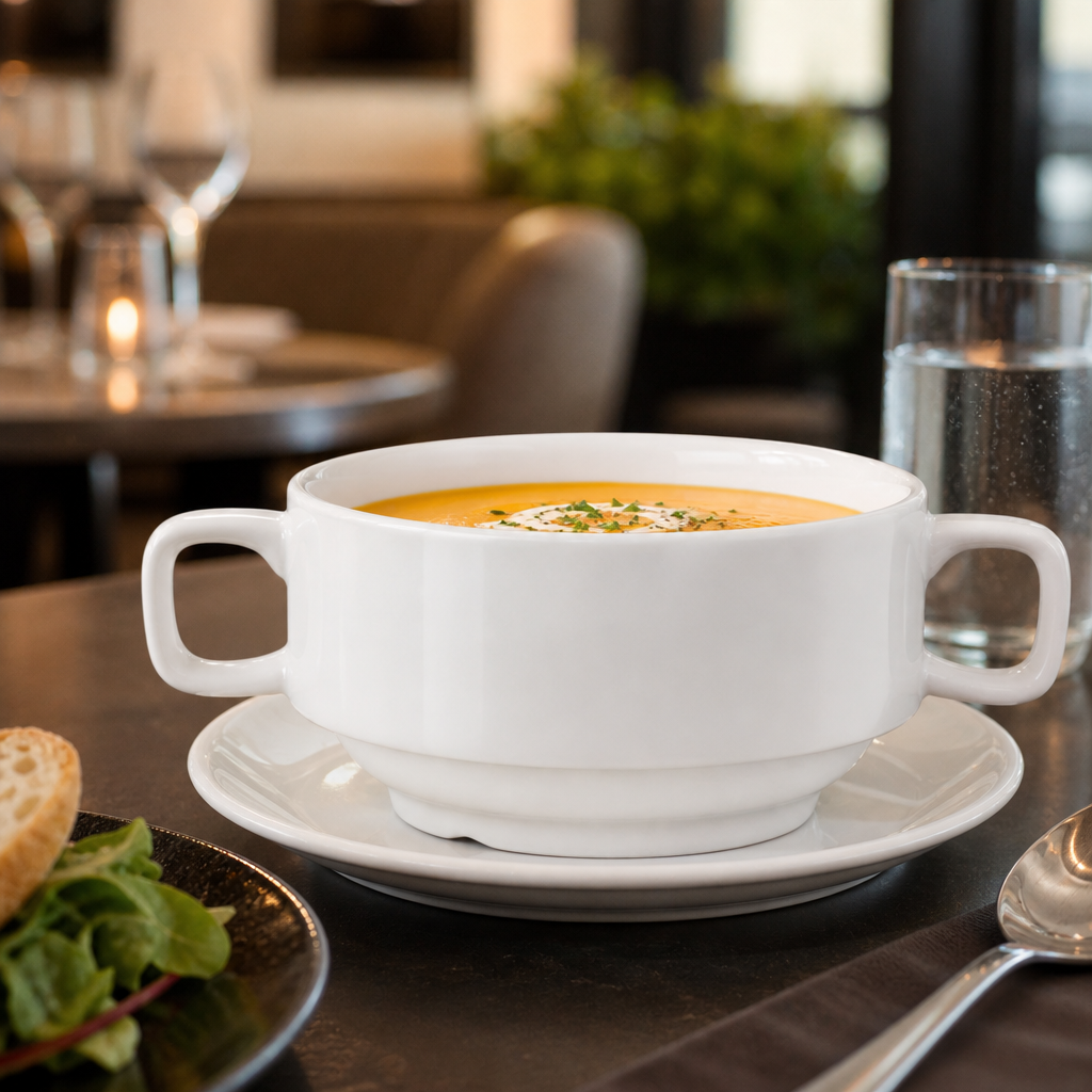 White Porcelain Soup Bowls with Handles 400ml for Home & Restaurant Use