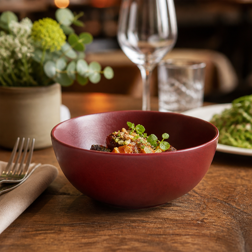 Porcelain Deep Bowls in Red 155mm for Cafés and Gastropubs
