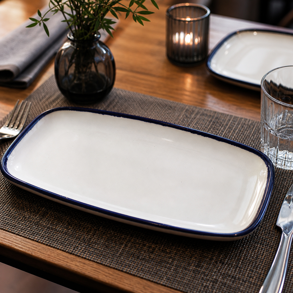 Hand-Finished Oblong Plates Blue Porcelain for Modern Dining (Pack of 12)