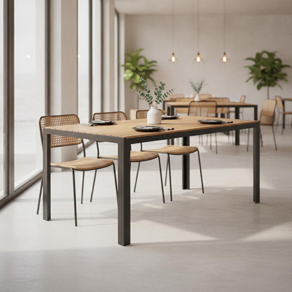 Acacia Wood and Powder-Coated Steel Rectangular Table 1200mm for Dining Areas