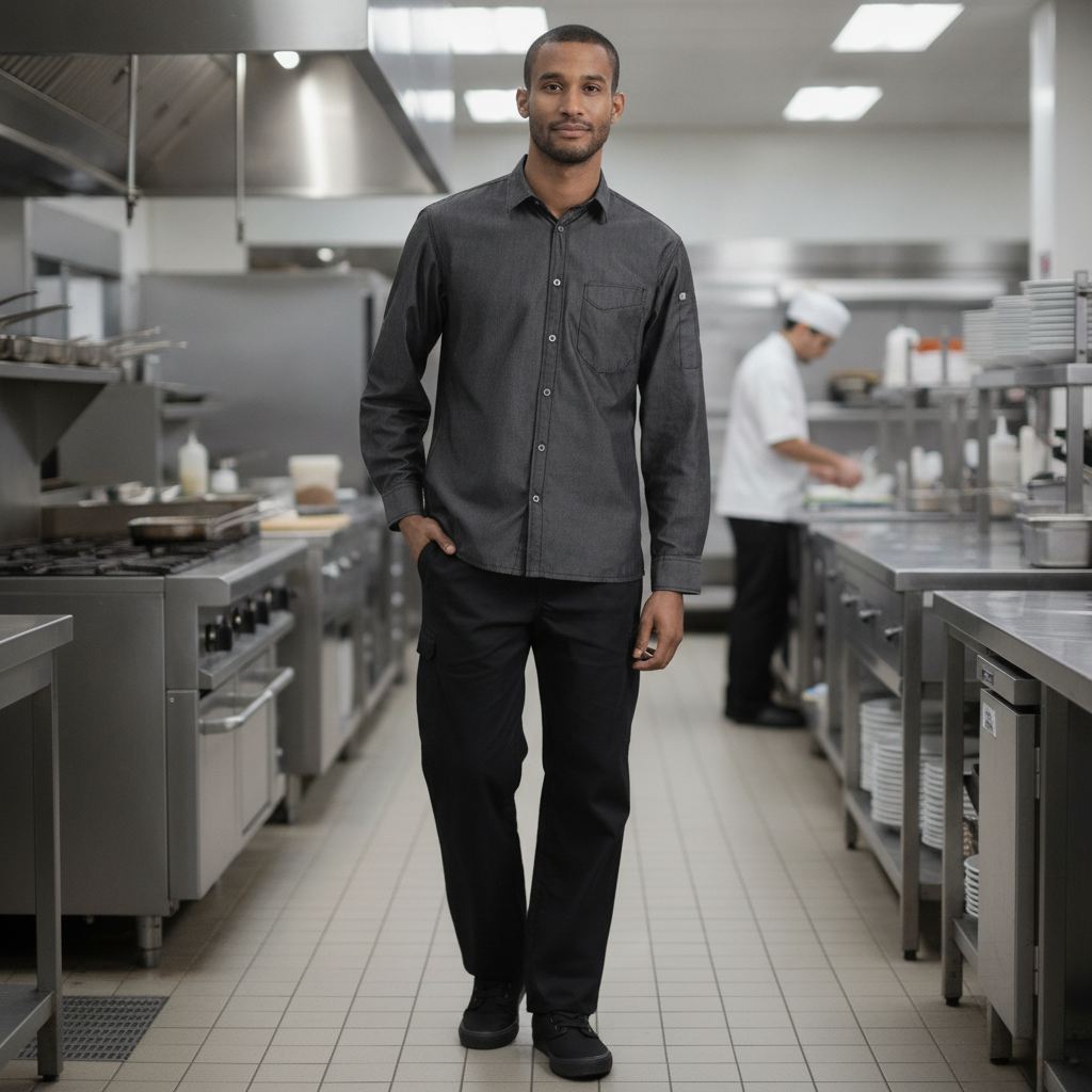 100% Cotton Denim Long Sleeve Shirt in Black for Hospitality