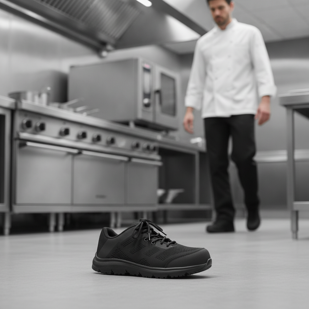 Recycled Polyester Safety Trainers Black for Hospitality Staff