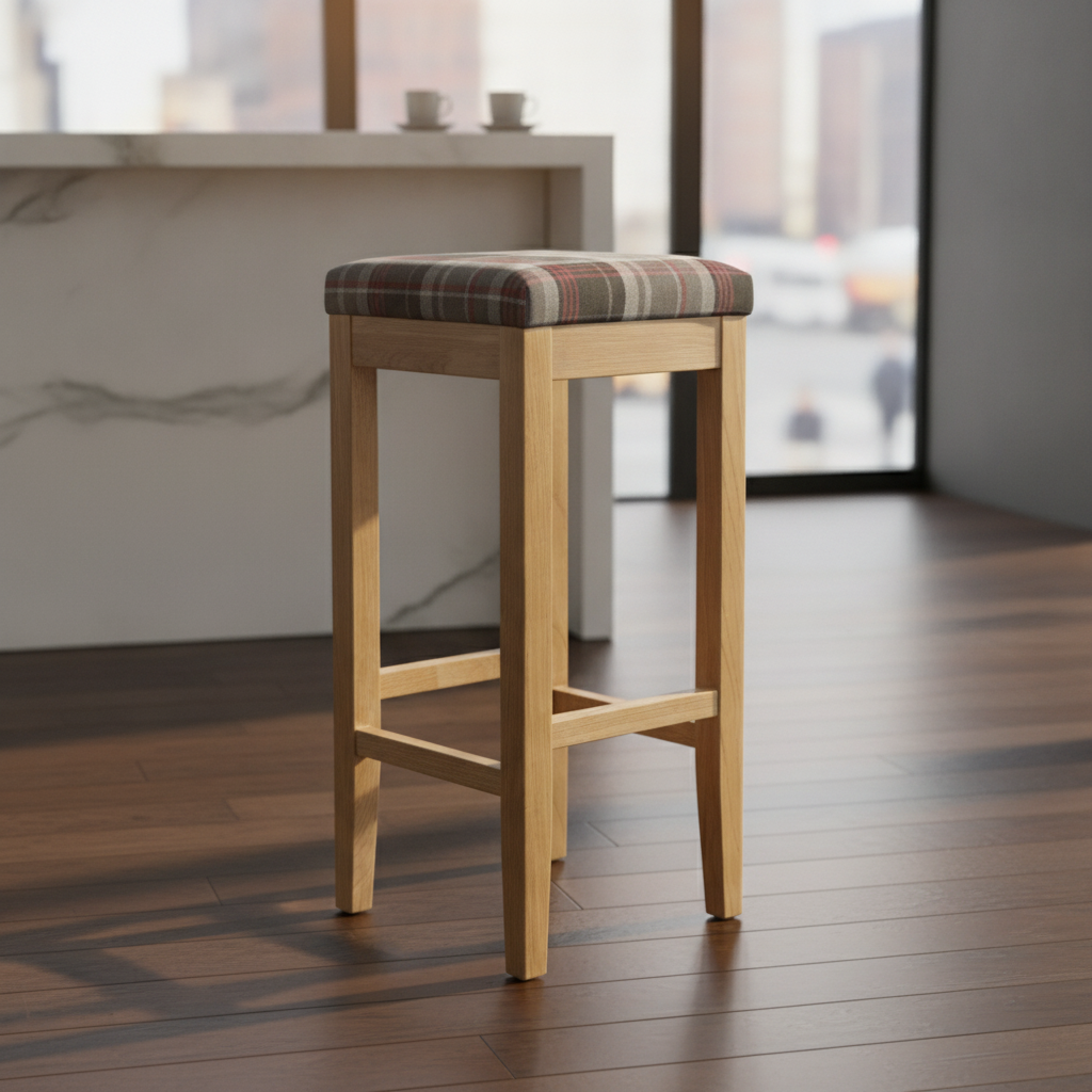 Wood & Fabric High Stool in Grey Tartan 760x350mm for Indoor Use