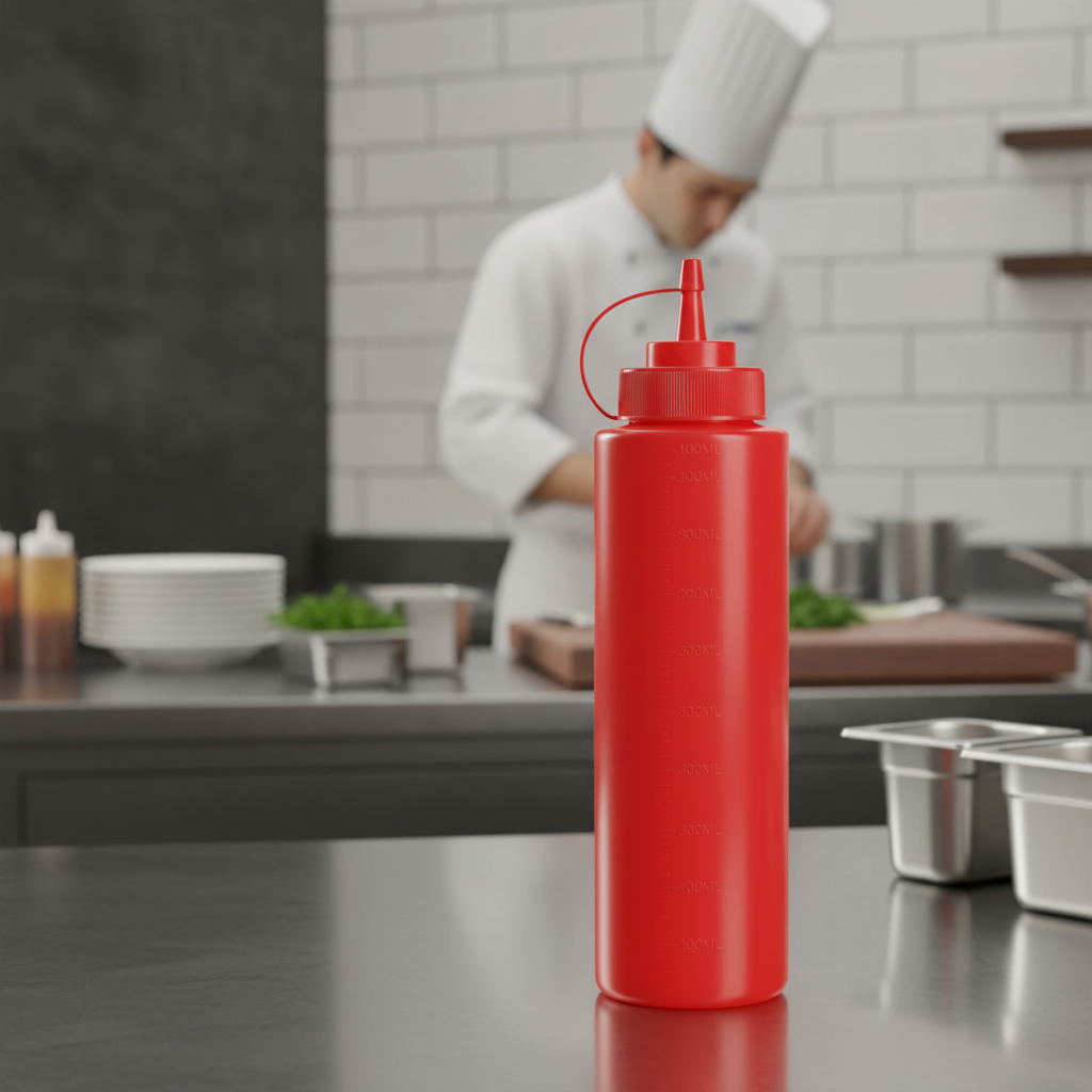 Polyethylene Red Squeeze Sauce Bottle 994ml for Self-Service Dining