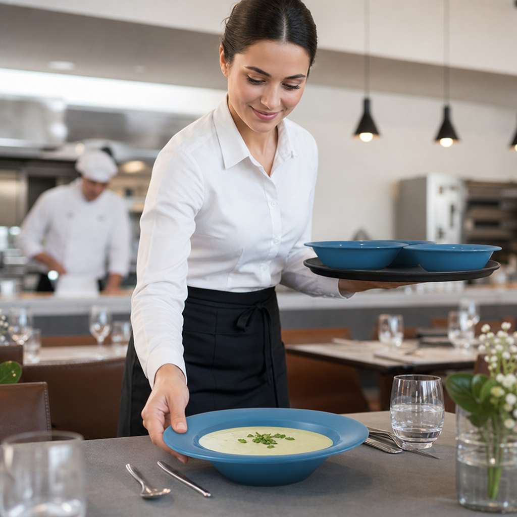 Rimmed Bowls 165mm Blue Vitrified Ceramic for Healthcare Environments (Pack of 6)