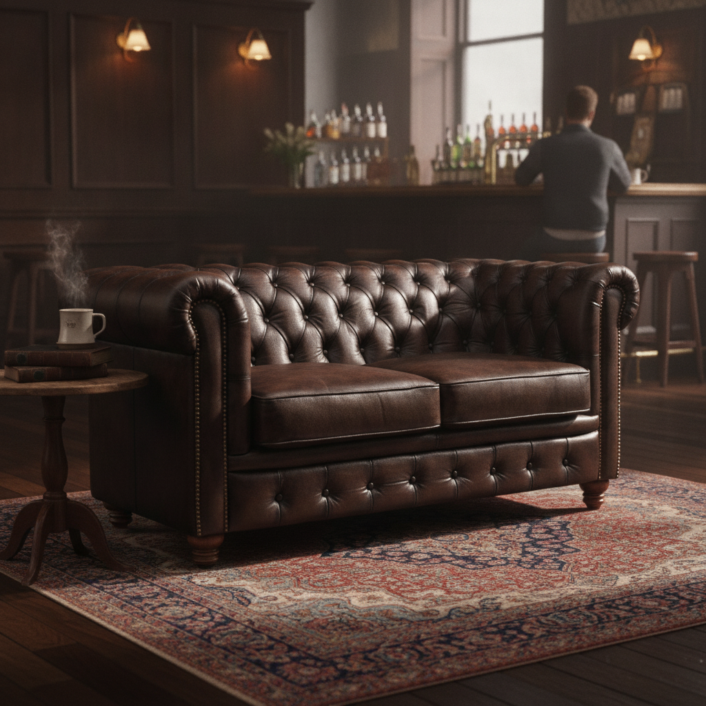 Antiqued Brown Leather Chesterfield Two-Seater Sofa 780mm for Pubs & Cafés