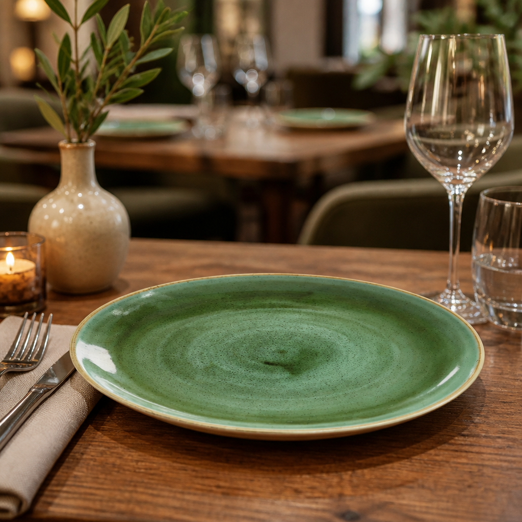Round Coupe Plates Green Vitrified Ceramic for Elegant Dining (Pack of 12)