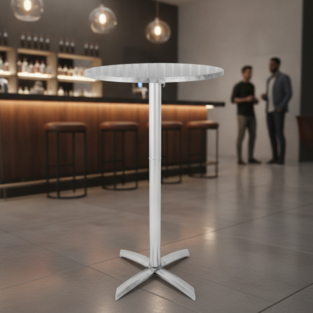 Stainless Steel and Aluminium Round Flip Top Poseur Table 600mm for Bars & Pubs