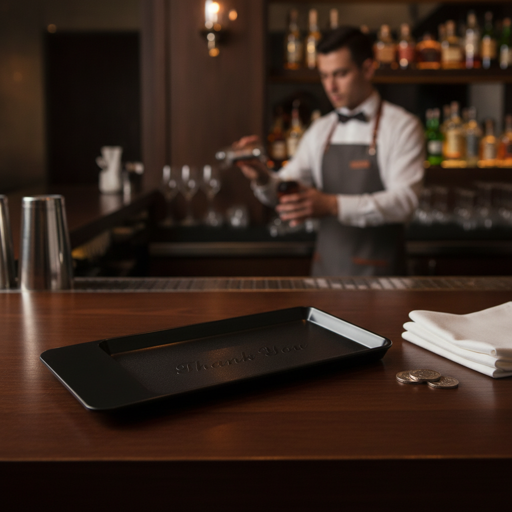 Plastic Black Tip Tray with Thank You Engraving for Hospitality