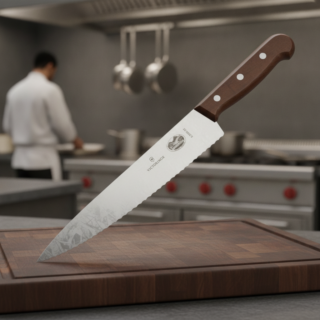 Stainless Steel Wood Serrated Chefs Knife 22cm for Professional Use